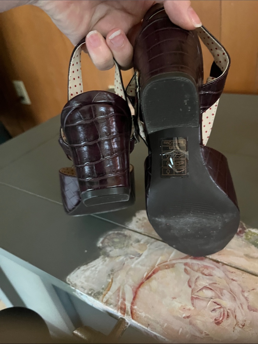 Patent Croc-Embossed Peep-Toe Slingback Heels in Dark Burgundy - Picture 9 of 11